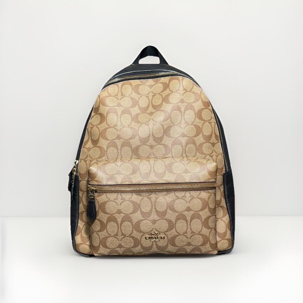 Coach Charlie Backpack F58314 Khaki Black Signature Canvas Laptop Backpack EUC